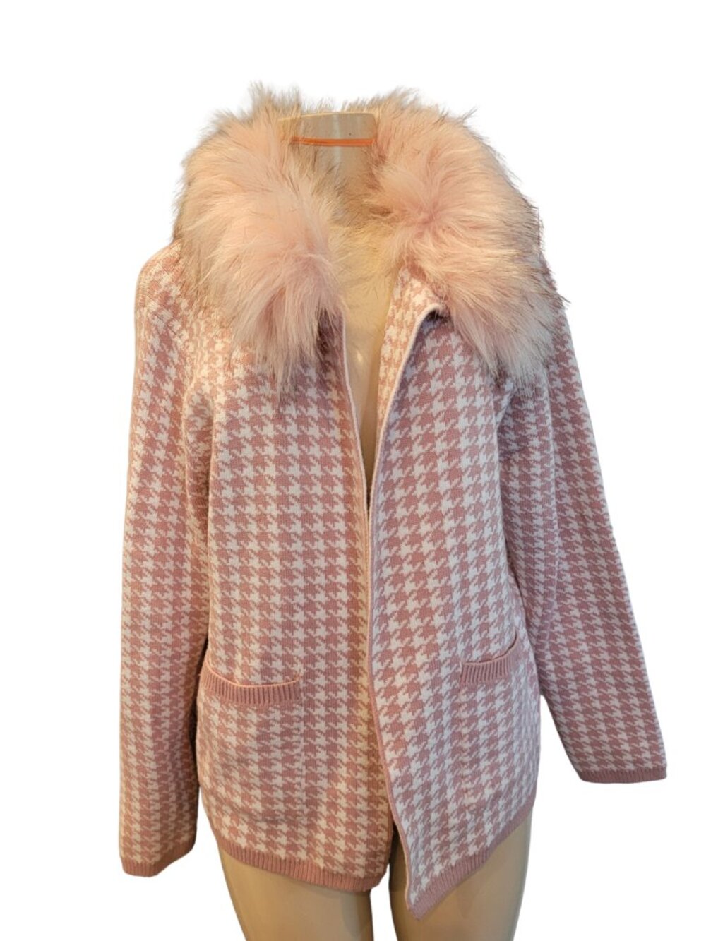 Sioni Rose Pink/White Houndstooth Cardigan w Faux Fur Collar